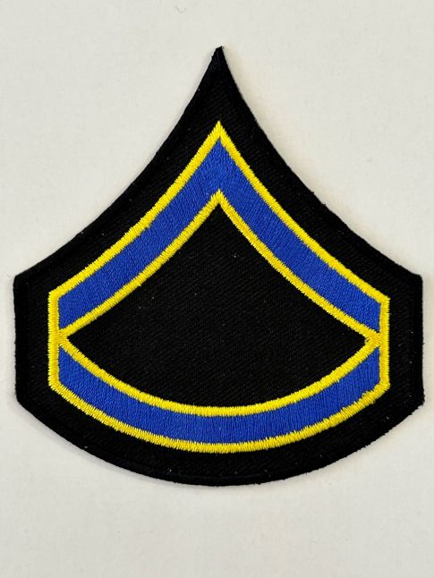 "PFC" PRIVATE FIRST CLASS CHEVRONS ROYAL BLUE with MEDIUM GOLD TRIM on BLACK - SOLD in PAIRS.